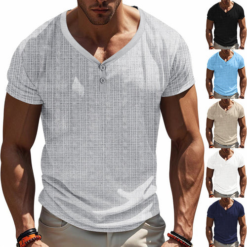 Men's short sleeve Henley t-shirt with geometric structure design and trendy V-neck Amarae