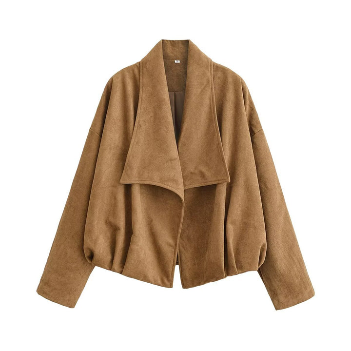 Women's short jacket in suede look with waterfall collar and ballooned hem Amarae