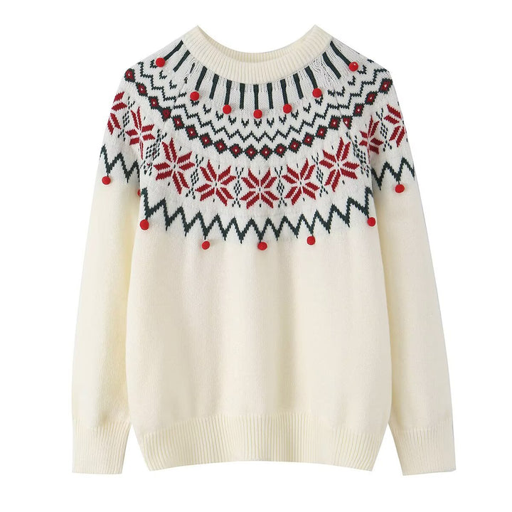 Women's knit sweater with Norwegian border and attached decorative pompons Amarae