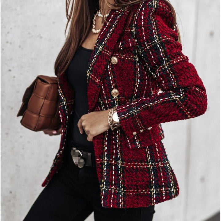 Ladies Tweed Blazer in Glencheck with double row button placket Amarae