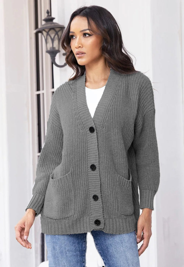Ladies Chunky Knit Cardigan with practical pockets and classic button closure Lune London