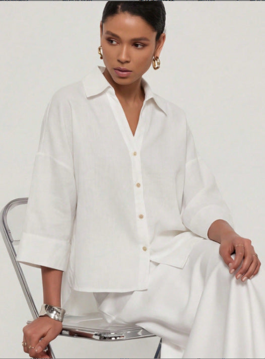 Women's Lightweight Oversized Linen Look Blouse with Three-Quarter Sleeves and Full Button Placket Amarae