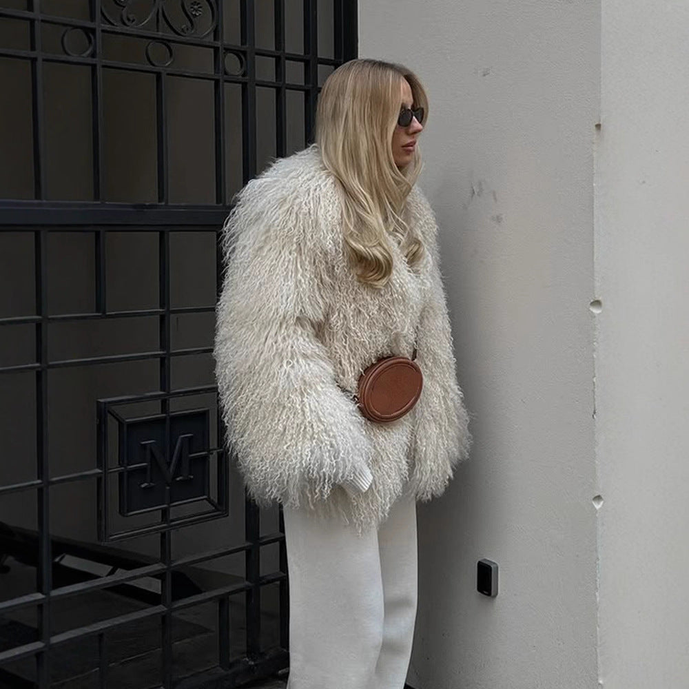 Women's short jacket made of voluminous lambskin imitation with curly structure Amarae