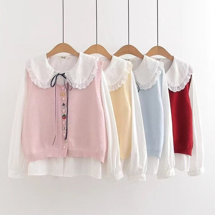 Knit blouse for women with decorative collar and handmade appliqués Lune London