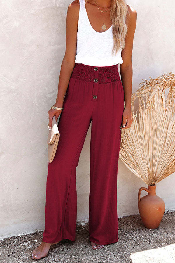 High-waisted wide-leg pants for women with decorative button detail and elastic waistband Lune London