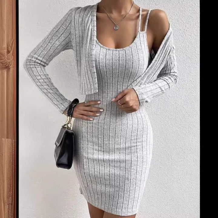 Fitted maxi dress for women with registered ribbed structure and lightweight cardigan Lune London