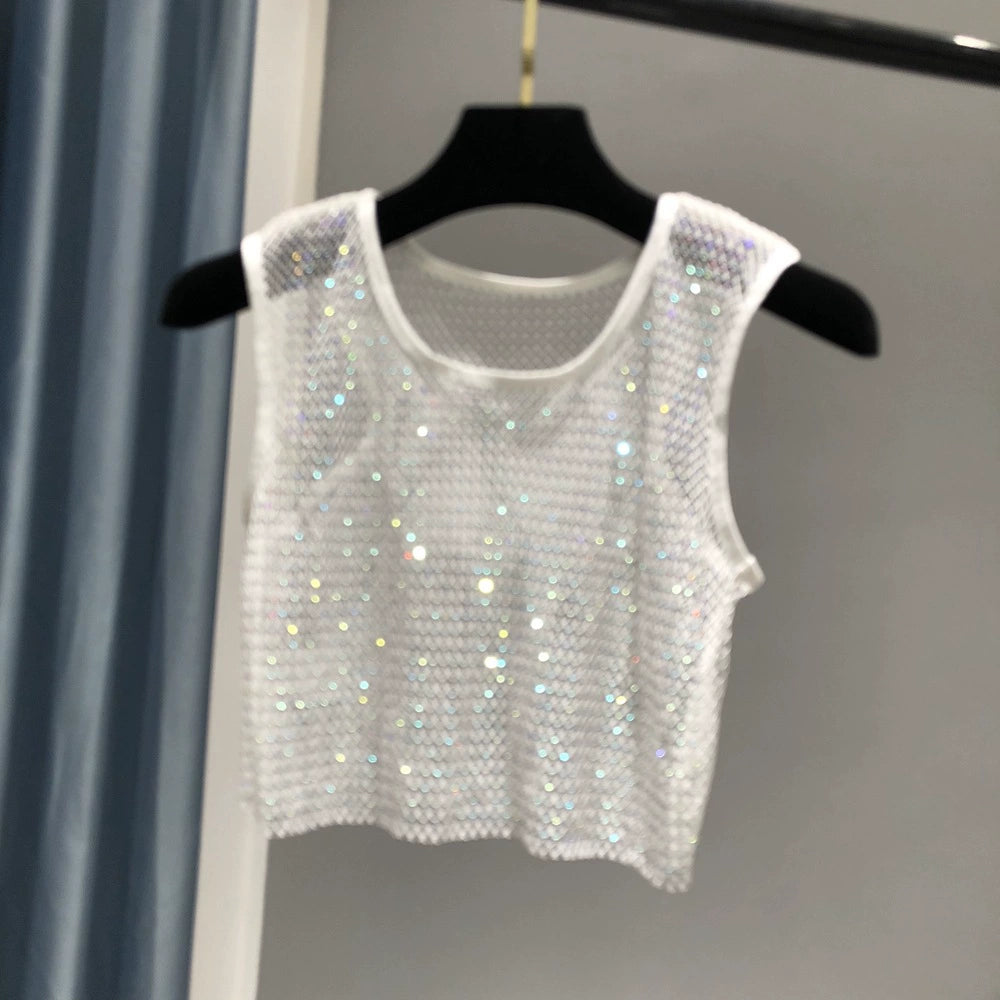 Lune London | Sexy Mesh Flash Diamond Fishnet Vest Nightclub Perspective Hot Girl T-Shirt Top