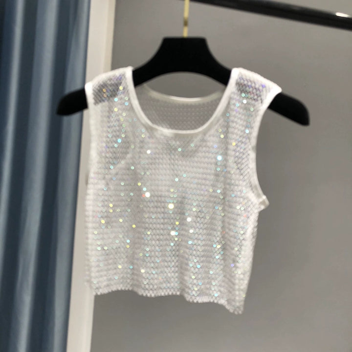 Lune London | Sexy Mesh Flash Diamond Fishnet Vest Nightclub Perspective Hot Girl T-Shirt Top