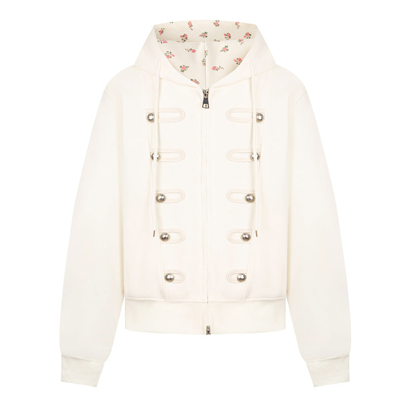 Women's hooded sweat jacket with decorative loops and metal button details Amarae