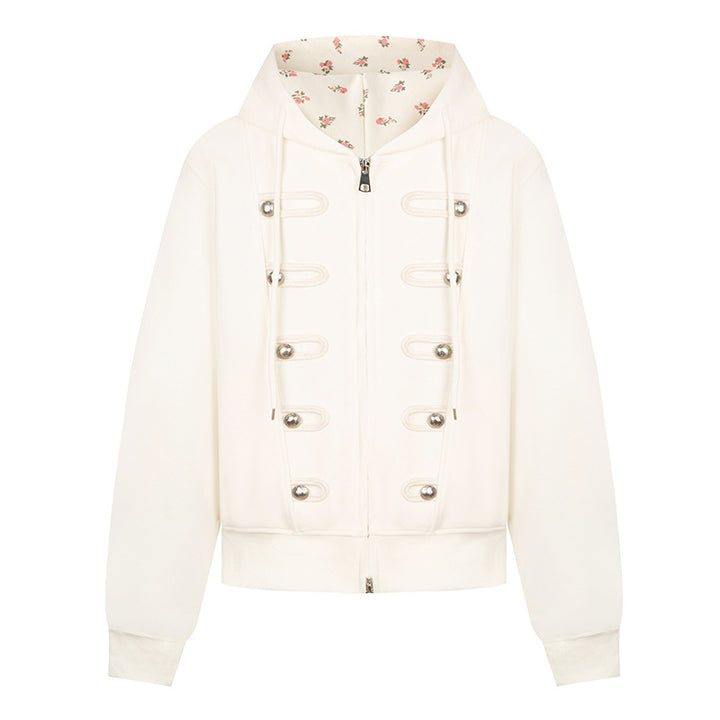 Women's hooded sweat jacket with decorative loops and metal button details Amarae