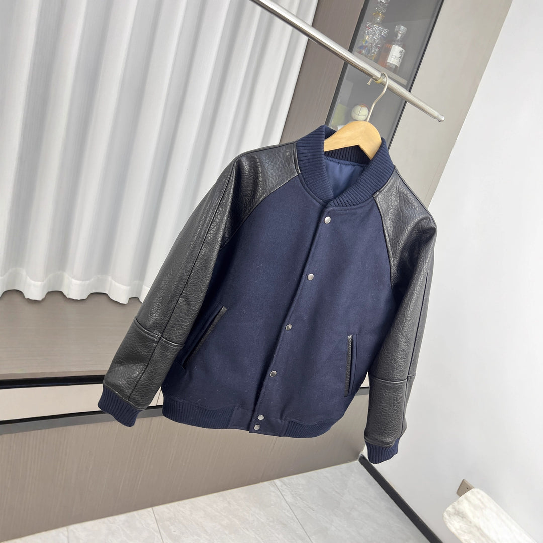 Men's College Bomber Jacket with Wool Blend Body and Structured Leather Look Sleeves Amarae