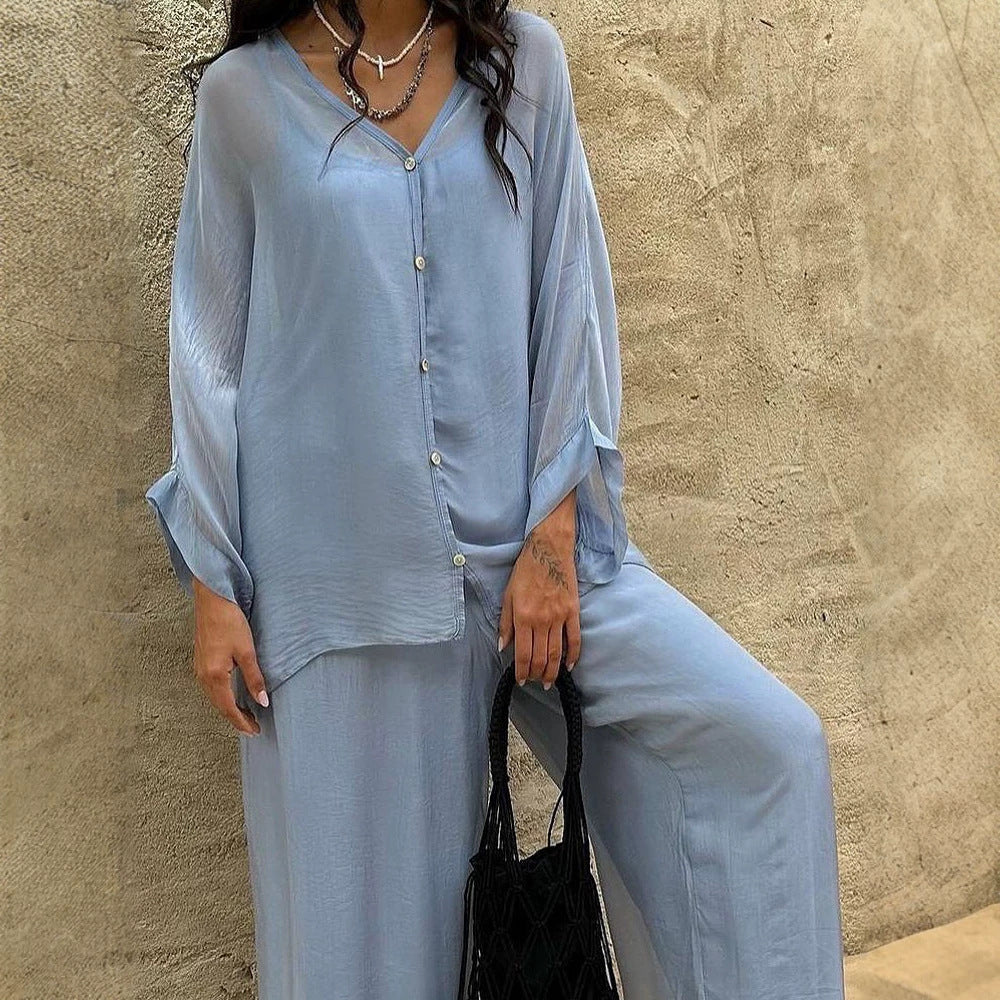Women's Three-Piece Loungewear Set made of light viscose with oversized blouse, top and wide palazzo pants Amarae