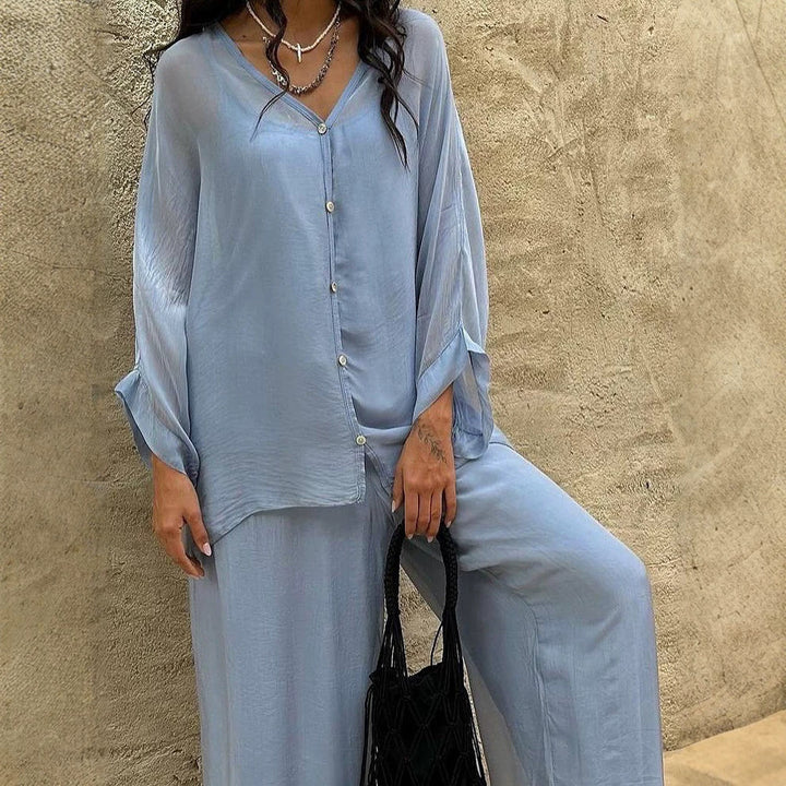 Women's Three-Piece Loungewear Set made of light viscose with oversized blouse, top and wide palazzo pants Amarae