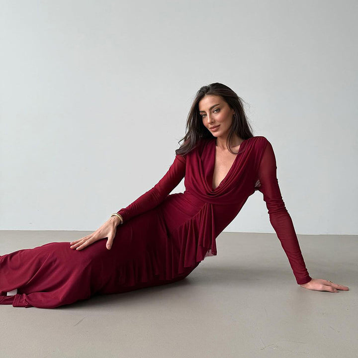 Elegant maxi dress for women with deep V-neckline and ruffle detail Lune London