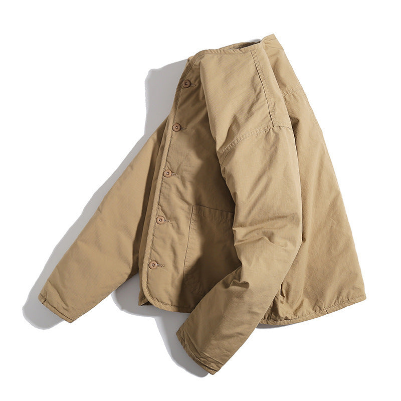 Unisex Lightly Quilted Round Neck Transitional Jacket with Button Placket and Patch Pockets Amarae