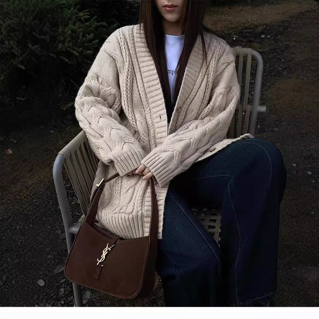 Knit cardigan for women with deep V-neck and structured twisted pattern Lune London