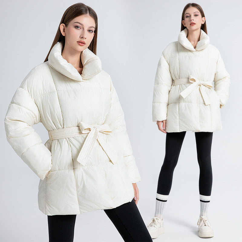 Ladies comfortable and elegant down jacket with belt and high collar Amarae