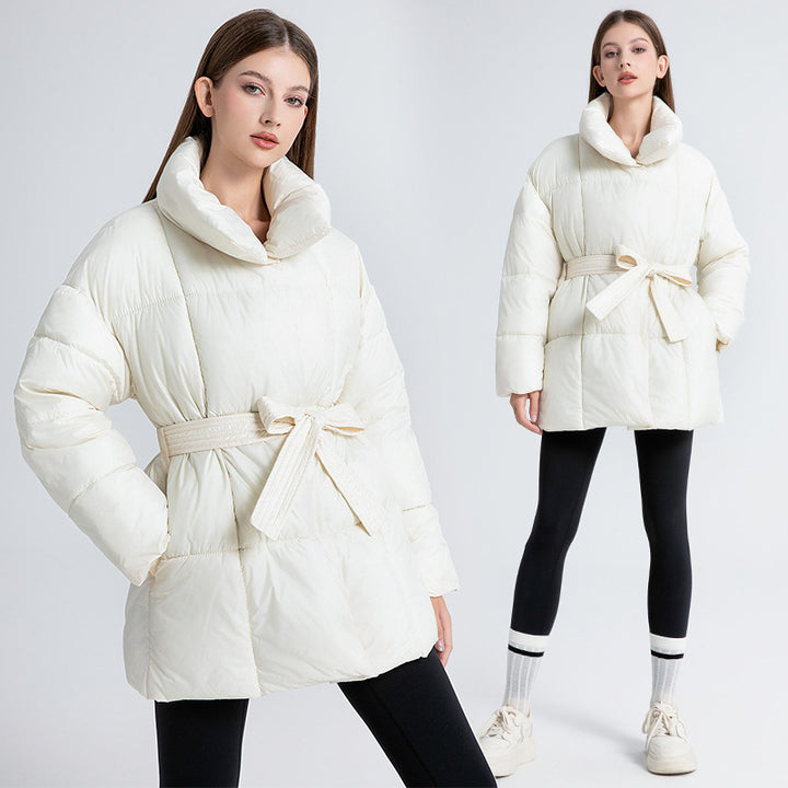 Ladies comfortable and elegant down jacket with belt and high collar Amarae