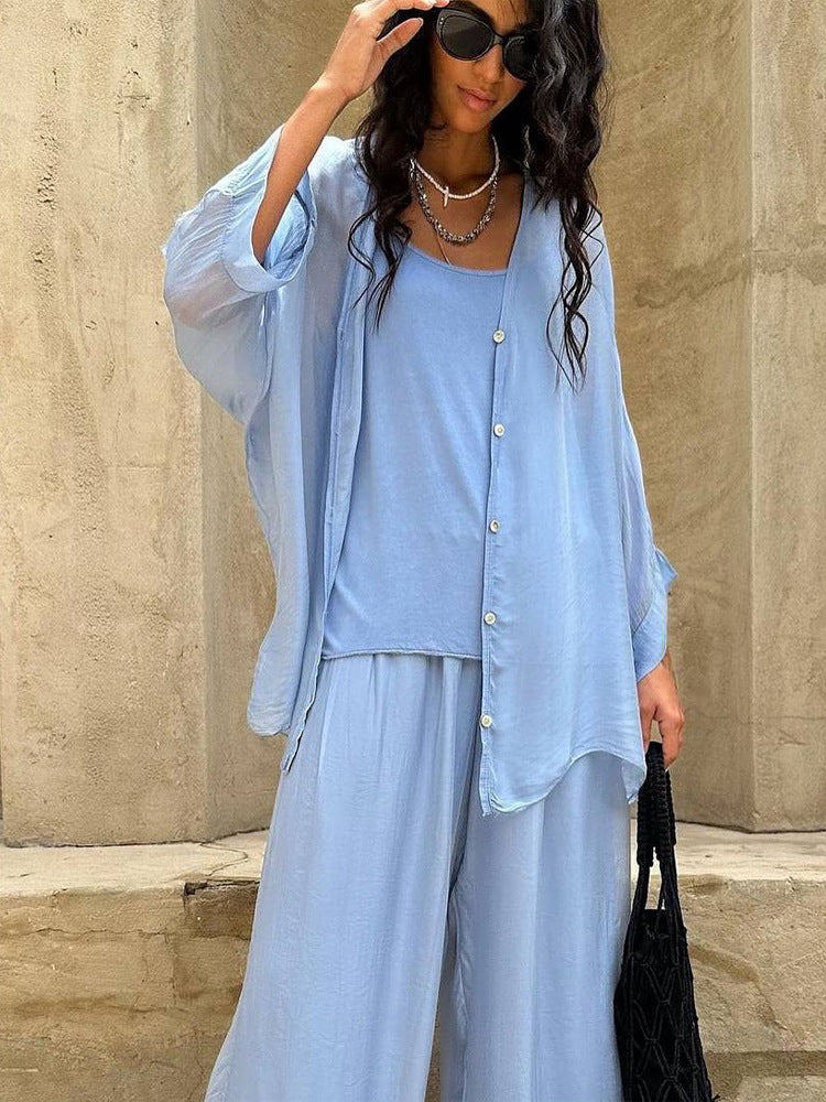 Women's Three-Piece Loungewear Set made of light viscose with oversized blouse, top and wide palazzo pants Amarae