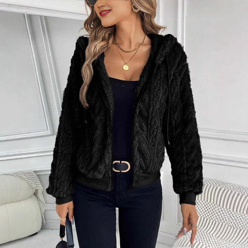 Trendy plush jacket for women with hood and ribbed edges Amarae
