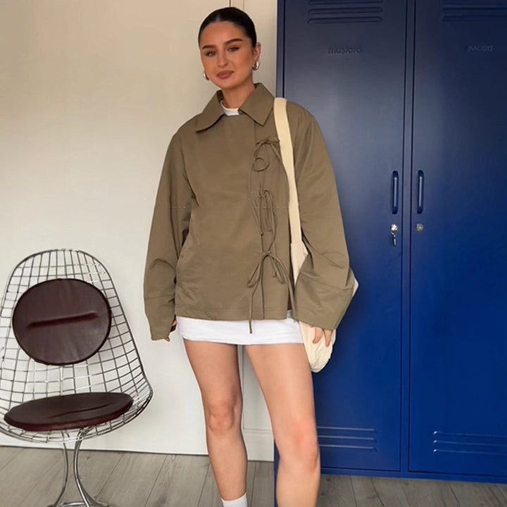 Women's Oversized Shirt Jacket with Decorative Knot Closures and Shirt Collar Amarae
