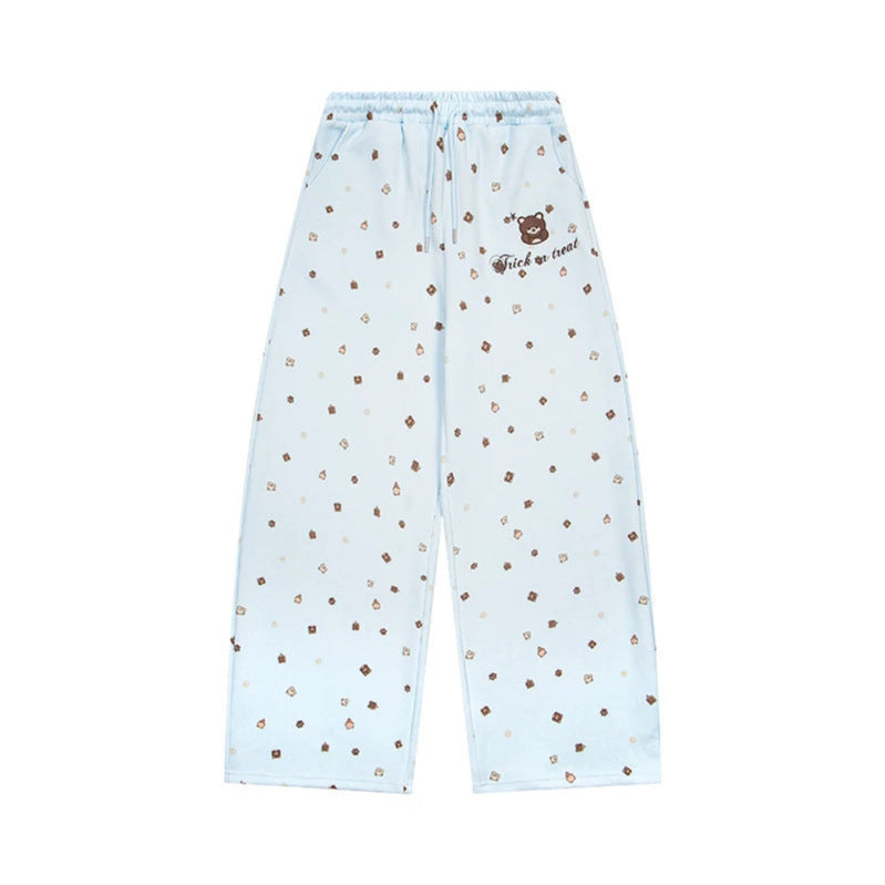 Women's Wide Lounge Pants in Culotte Style with Elastic Comfort Waistband and Cute Bear Print