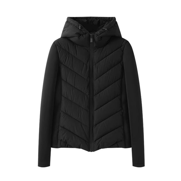 Women's hybrid quilted jacket with padding, hood, and elastic sleeve inserts Amarae