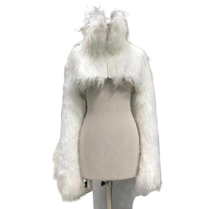 Women's Short Long-fiber Faux Fur Bolero with Extra Long Sleeves and High Standing Collar Amarae