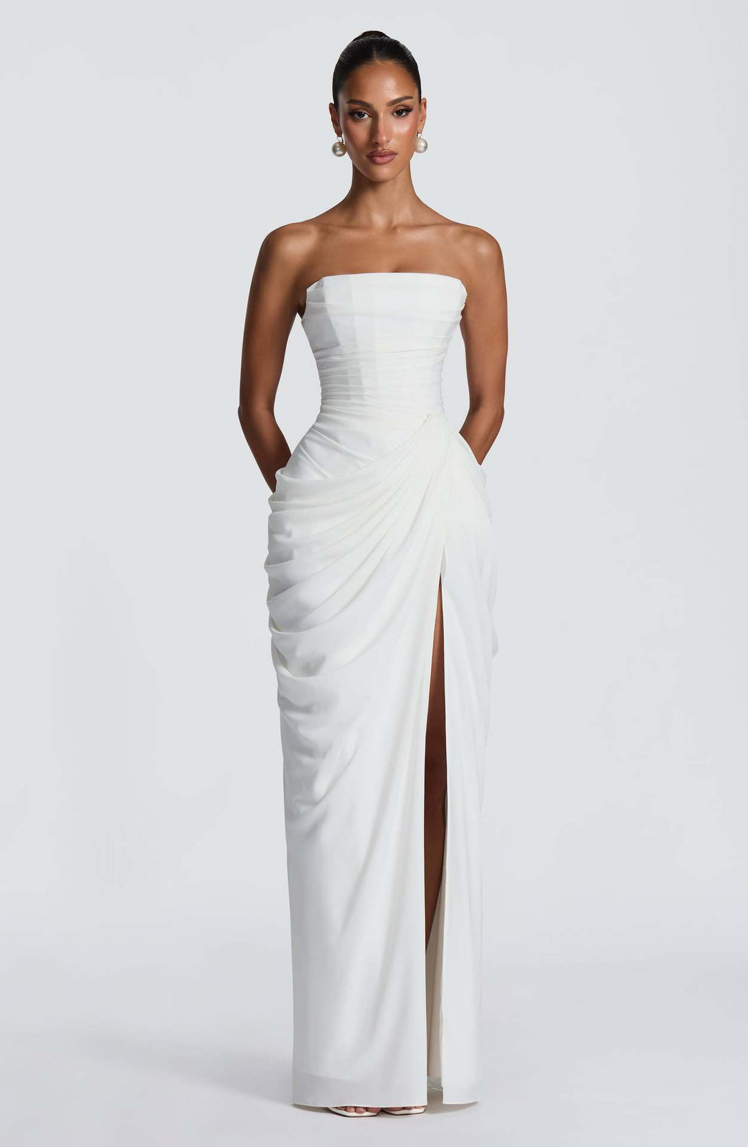 Ladies Elegant Long Sleeve Evening Dress with Asymmetric Draping and Narrow Slit Lune London