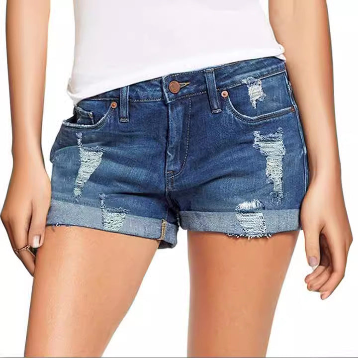 Women's fashionable destroyed denim shorts with rolled hem Lune London