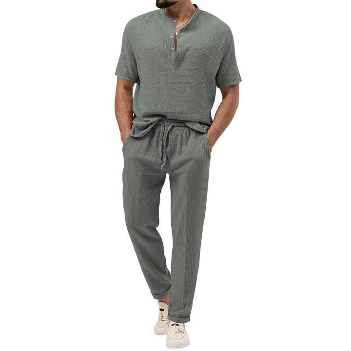 Men's short sleeve shirt fashion with Henley collar and casual jogger pants Lune London