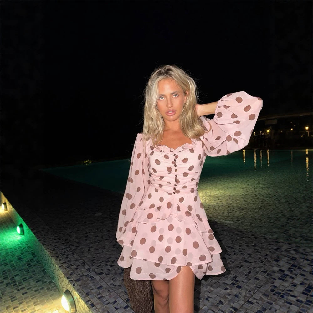 Women's Padded Chiffon Mini Dress with Ruffles, Puff Sleeves and Button Placket Amarae