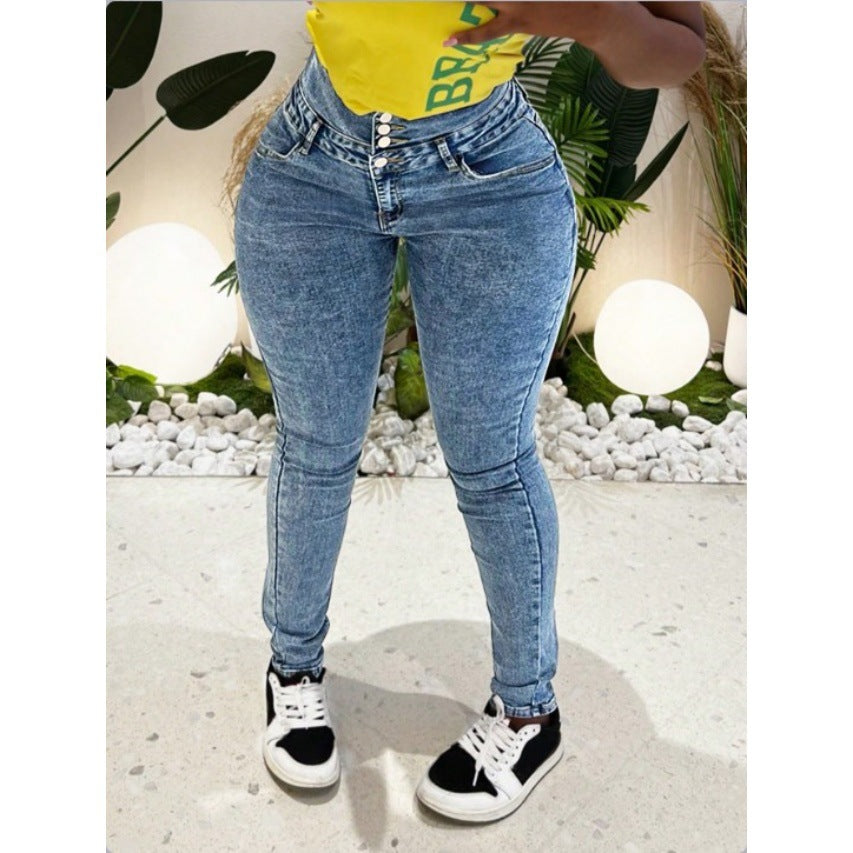 Ladies High-Waisted Sculpting Skinny Jeans with Waist-Shaping Overlap Band and Push-Up Effect Amarae