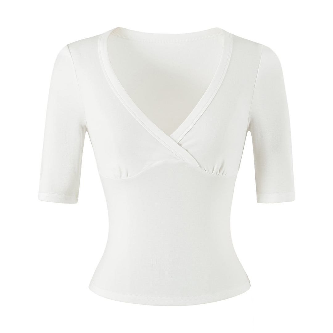 Women's body-hugging wrap shirt with deep V-neck, three-quarter sleeves, and waist accentuation Amarae