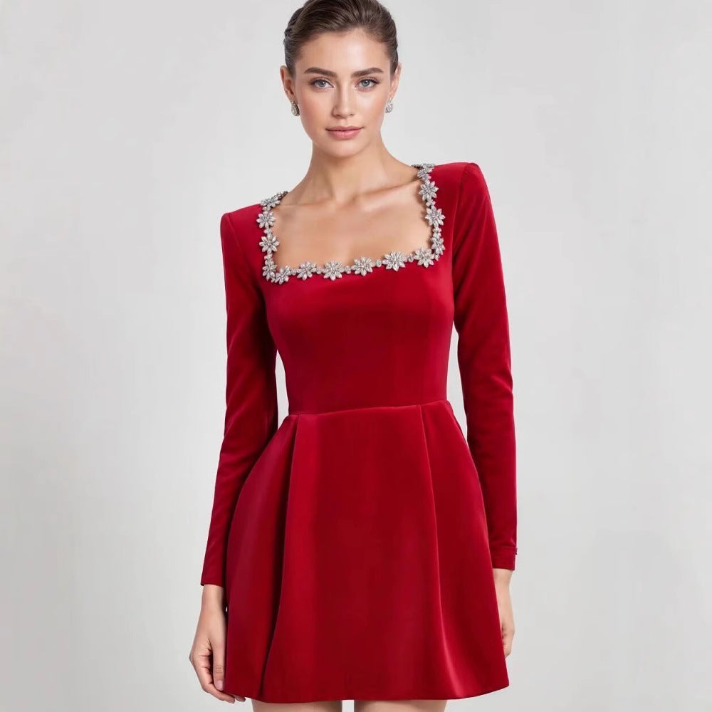 Women's fitted flared mini dress made of velvet with embellished square neckline Amarae