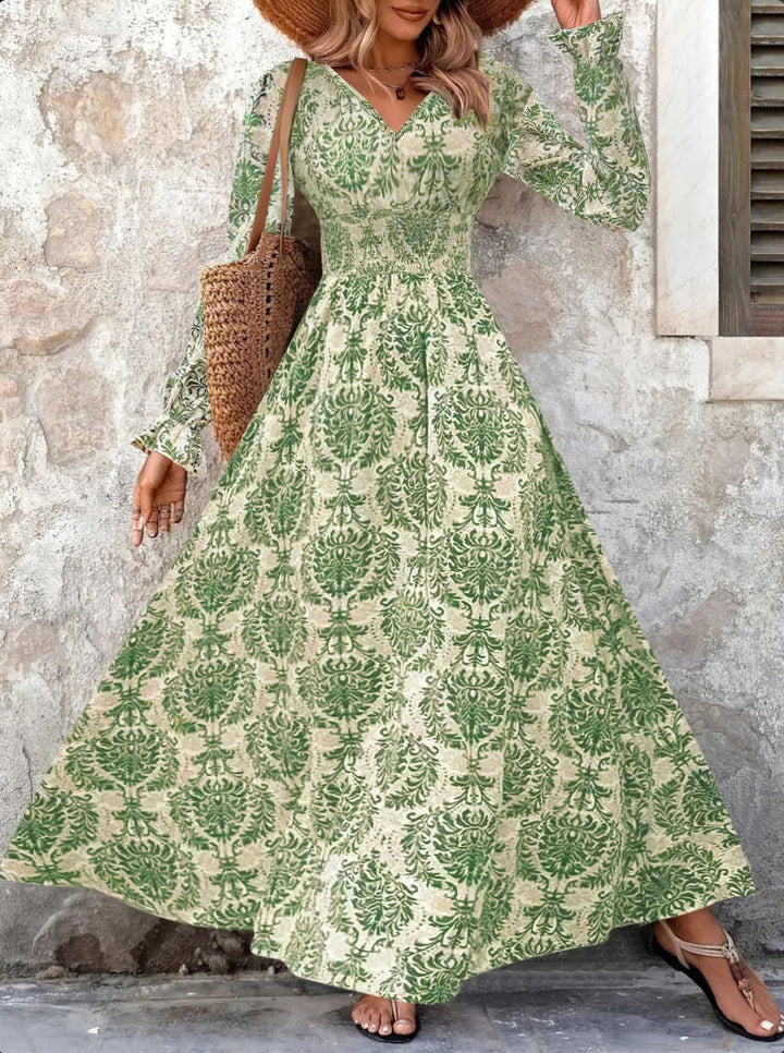 Long maxi dress for women with floral Jacquard pattern and voluminous sleeves Lune London