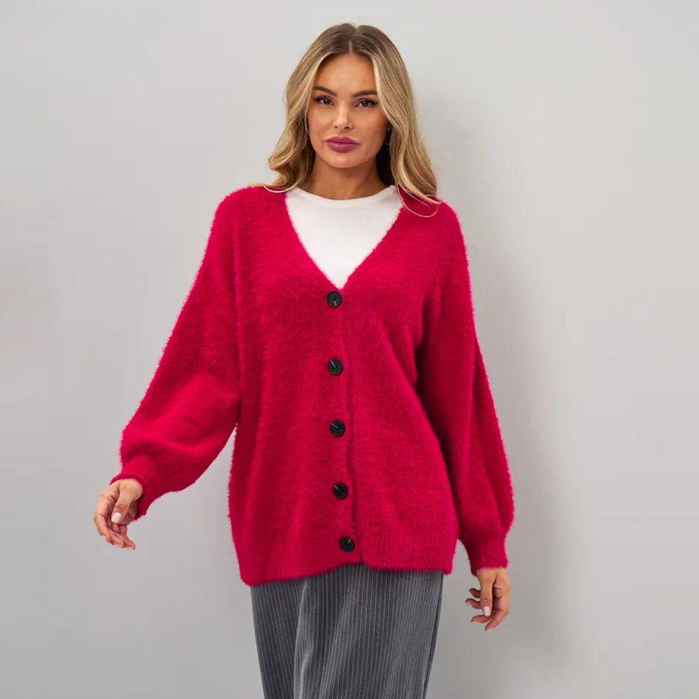 Women Plush Cardigan with Deep V Neckline and Button Details Lune London