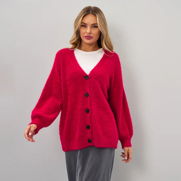 Women Plush Cardigan with Deep V Neckline and Button Details Lune London