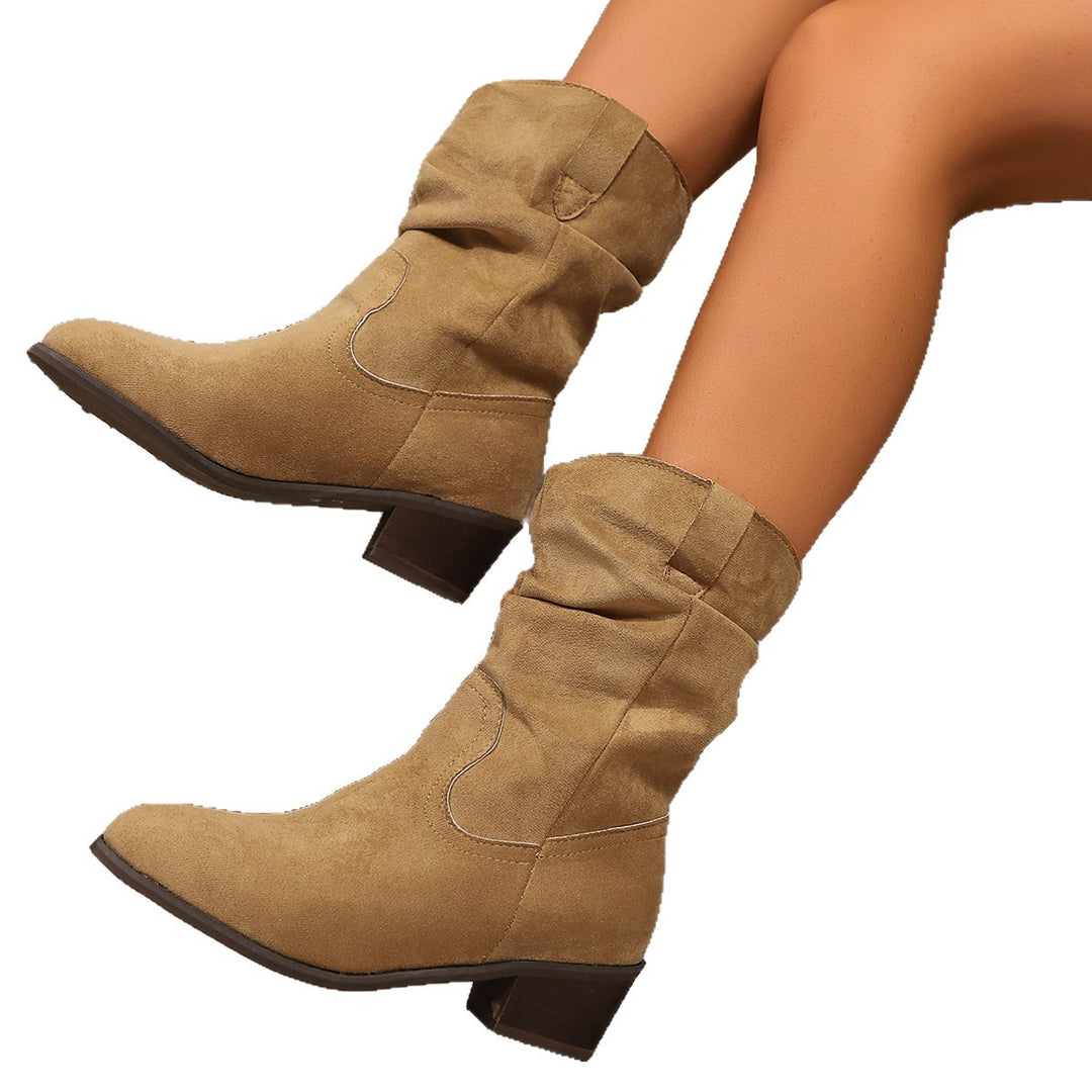 Ladies Velvet Leather Slouch Cowboy Boots with Low Block Heel Amarae
