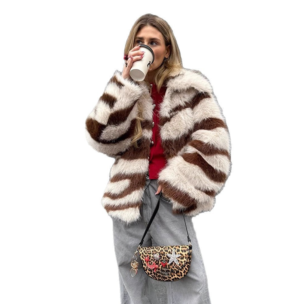 Women Striped Oversize Faux Fur Coat with Short Boxy Cut Amarae