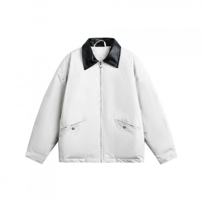 Unisex Boxy transitional jacket with contrasting faux leather collar and concealed zipper Amarae