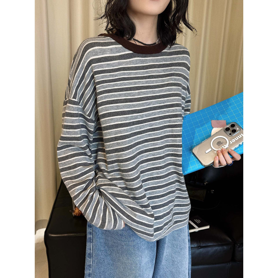 Women Striped Oversize Fine Knit Long Sleeve with Contrasting Round Neckline Amarae
