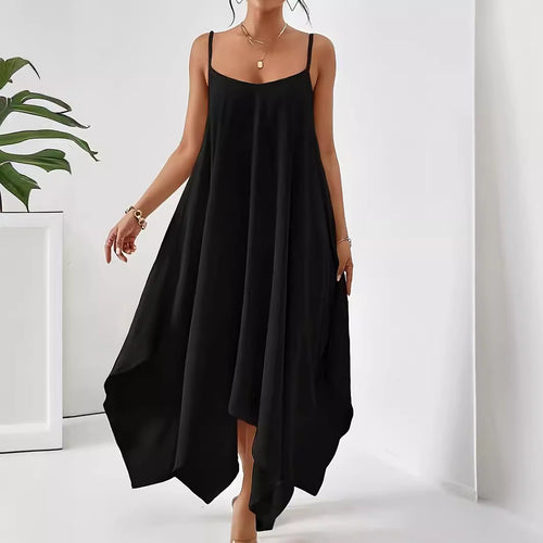 Light women's dress with spaghetti straps, asymmetrical hem, and soft fabric Amarae