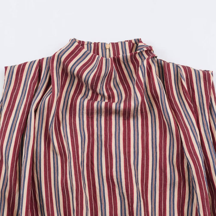 Women's Sleeveless Striped Blouse with Waterfall Collar and Tie Belt Amarae