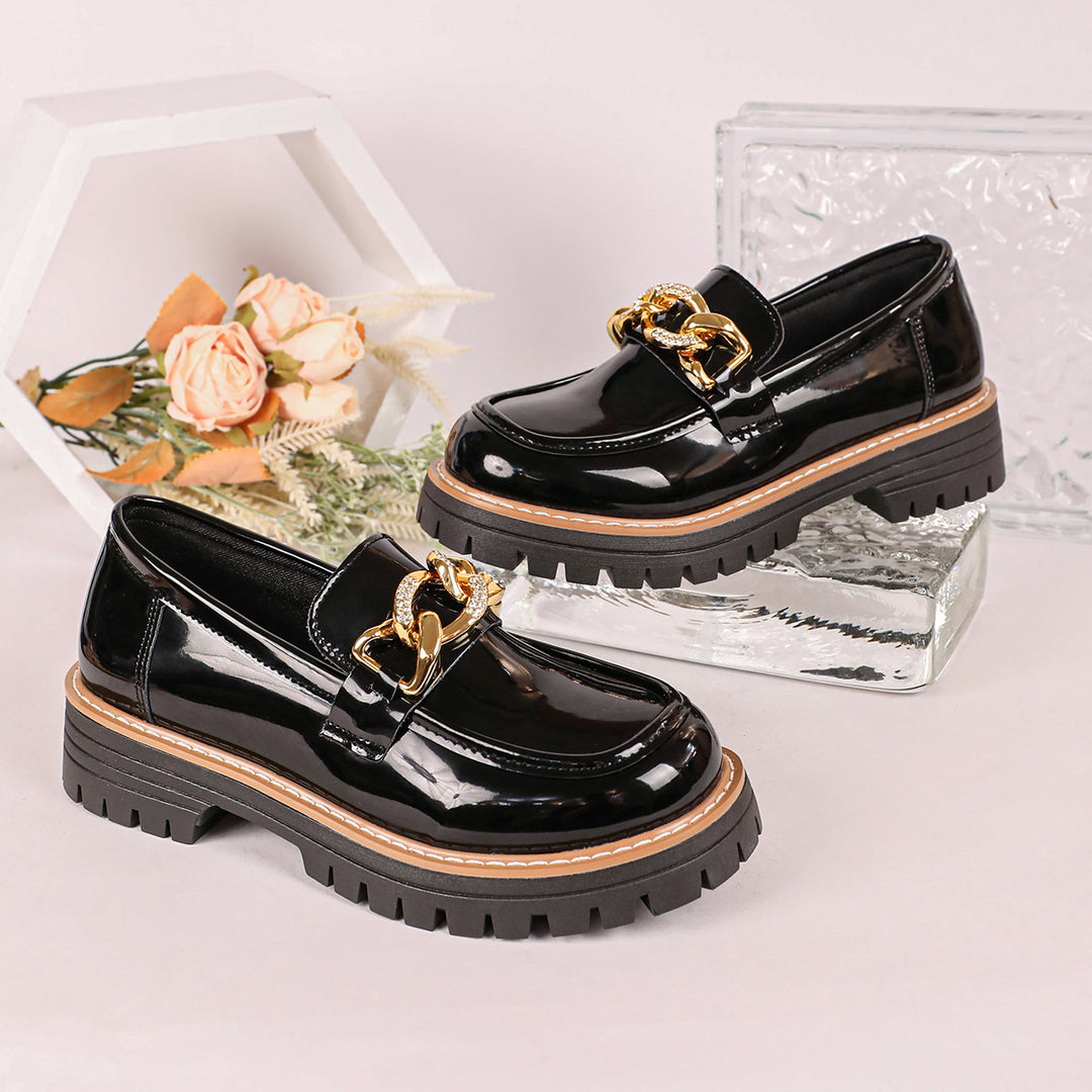 Women's Shiny Slip-On Loafers with Chunky Profile Sole and Decorative Chain Amarae