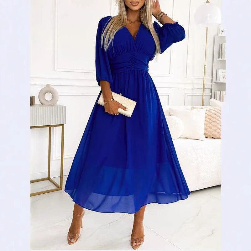 Woman Chic and Stylish V Neck Fluid Maxi Dress