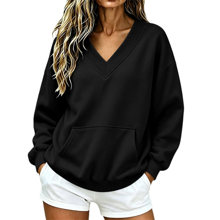 Women Oversize V-Neck Sweatshirt with Kangaroo Pocket and Ribbed Hem Amarae