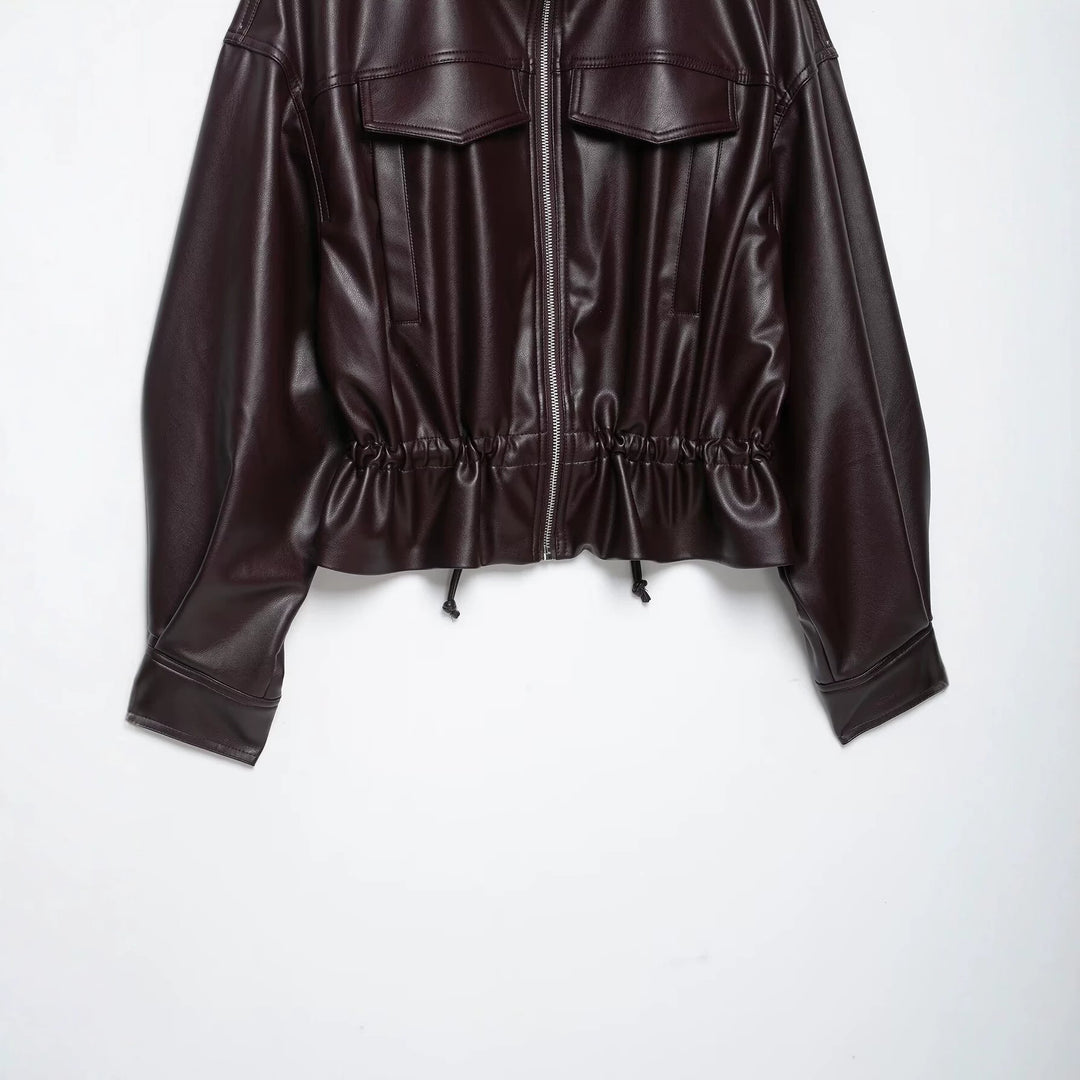 Women's Oversized Faux Leather Bomber Jacket with Funnel Neck, Drawstring Waist, and Flap Pockets Amarae