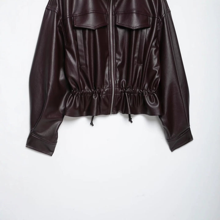 Women's Oversized Faux Leather Bomber Jacket with Funnel Neck, Drawstring Waist, and Flap Pockets Amarae