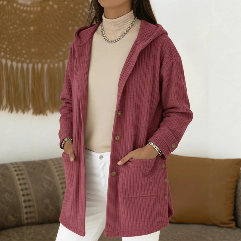 Women's Long Hooded Knitted Cardigan with Ribbed Texture, Button Placket and Side Pockets Amarae